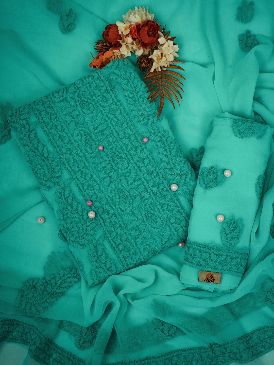 

ADA Ethnic Motifs Embroidered Unstitched Dress Material, Sea green