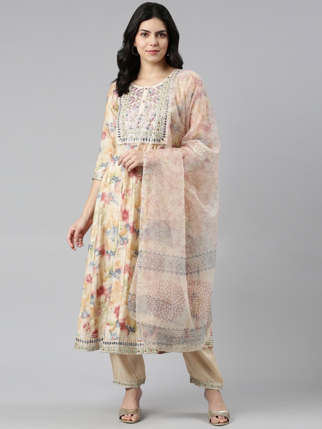 

Neerus Floral Printed Thread Work Kurta With Trousers & Dupatta, Beige