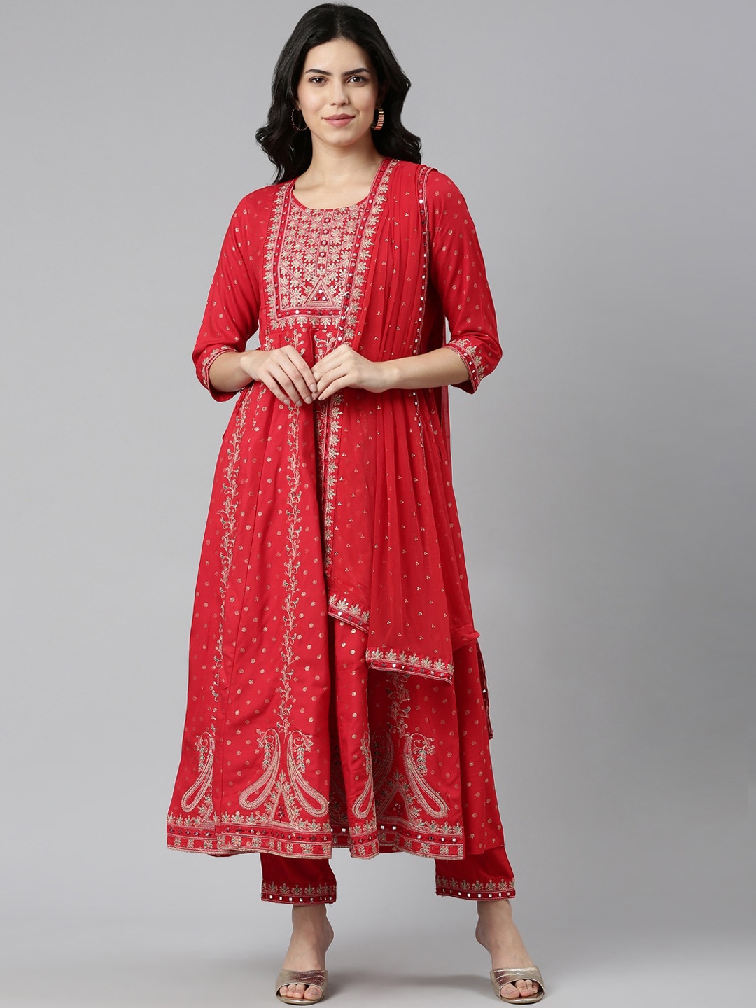 

Neerus Ethnic Motifs Printed Embroidered Kurta With Trousers & Dupatta, Red