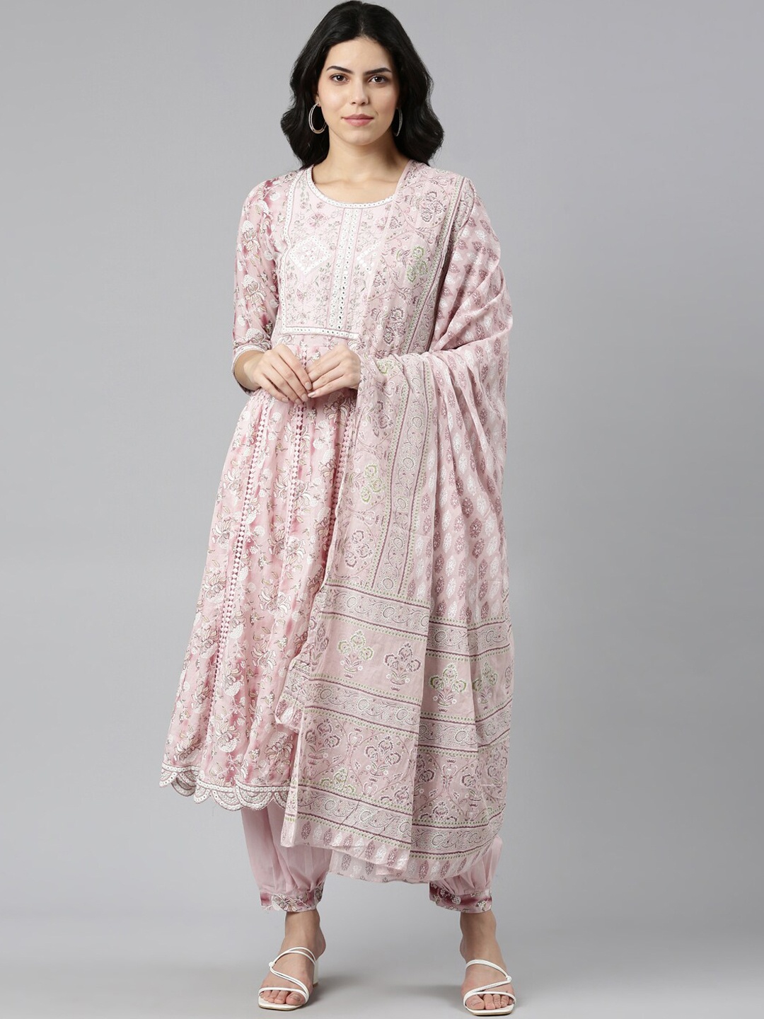 

Neerus Floral Printed Mirror Work Pure Cotton Kurta With Salwar With Dupatta, Pink