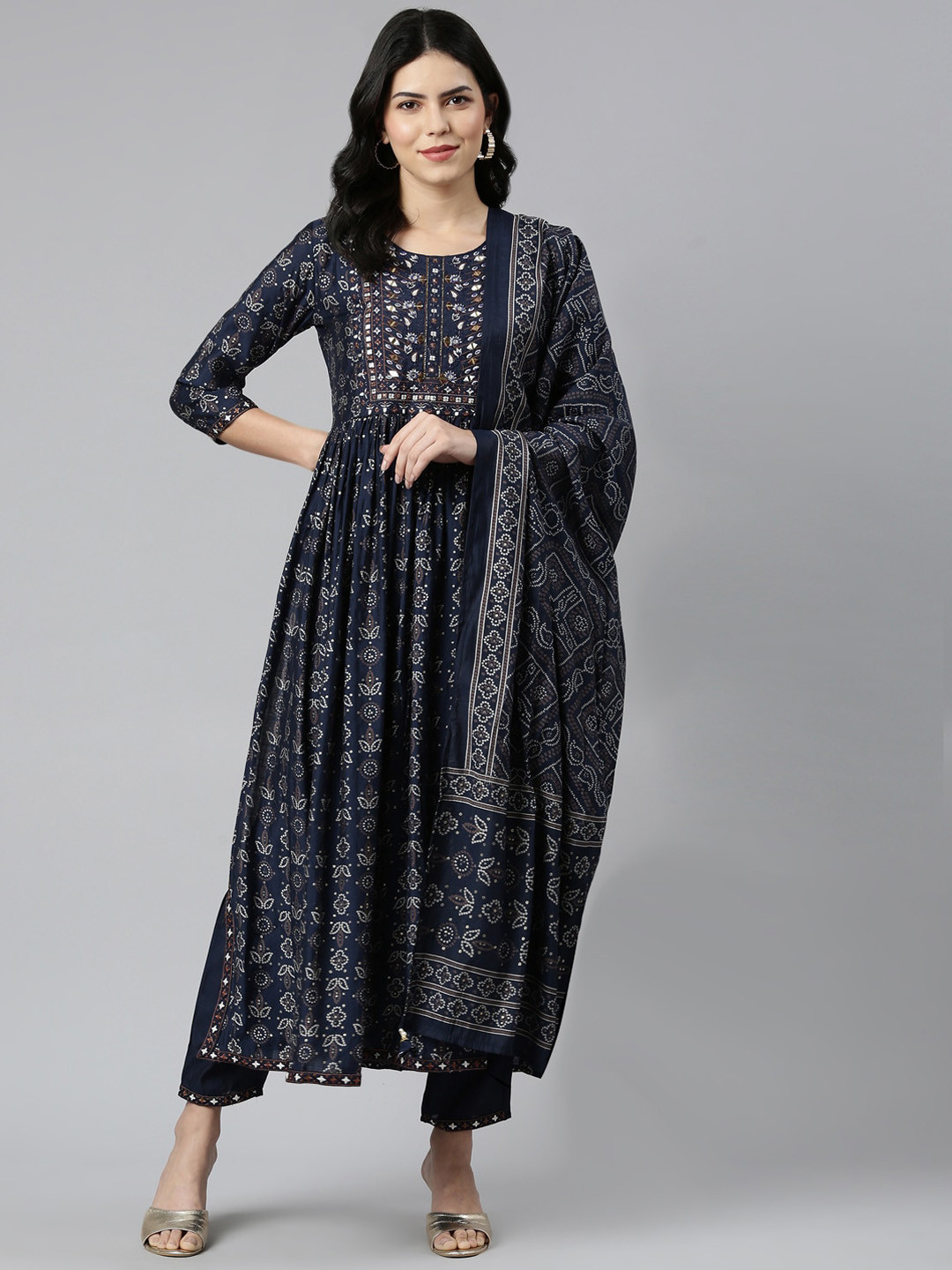 

Neerus Bandhani Embroidered Mirror Work Kurta & Trousers With Dupatta, Navy blue