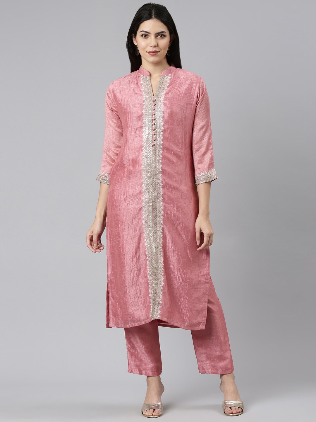 

Neerus Mandarin Collar Sequinned Kurta With Trousers, Pink