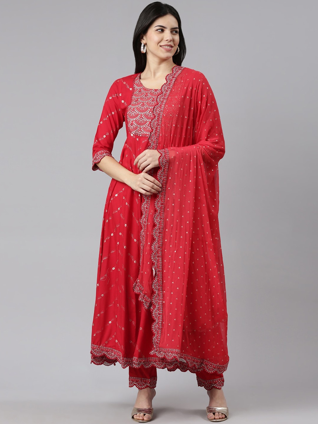 

Neerus Ethnic Motifs Embroidered Mirror Work Kurta & Trousers With Dupatta, Red