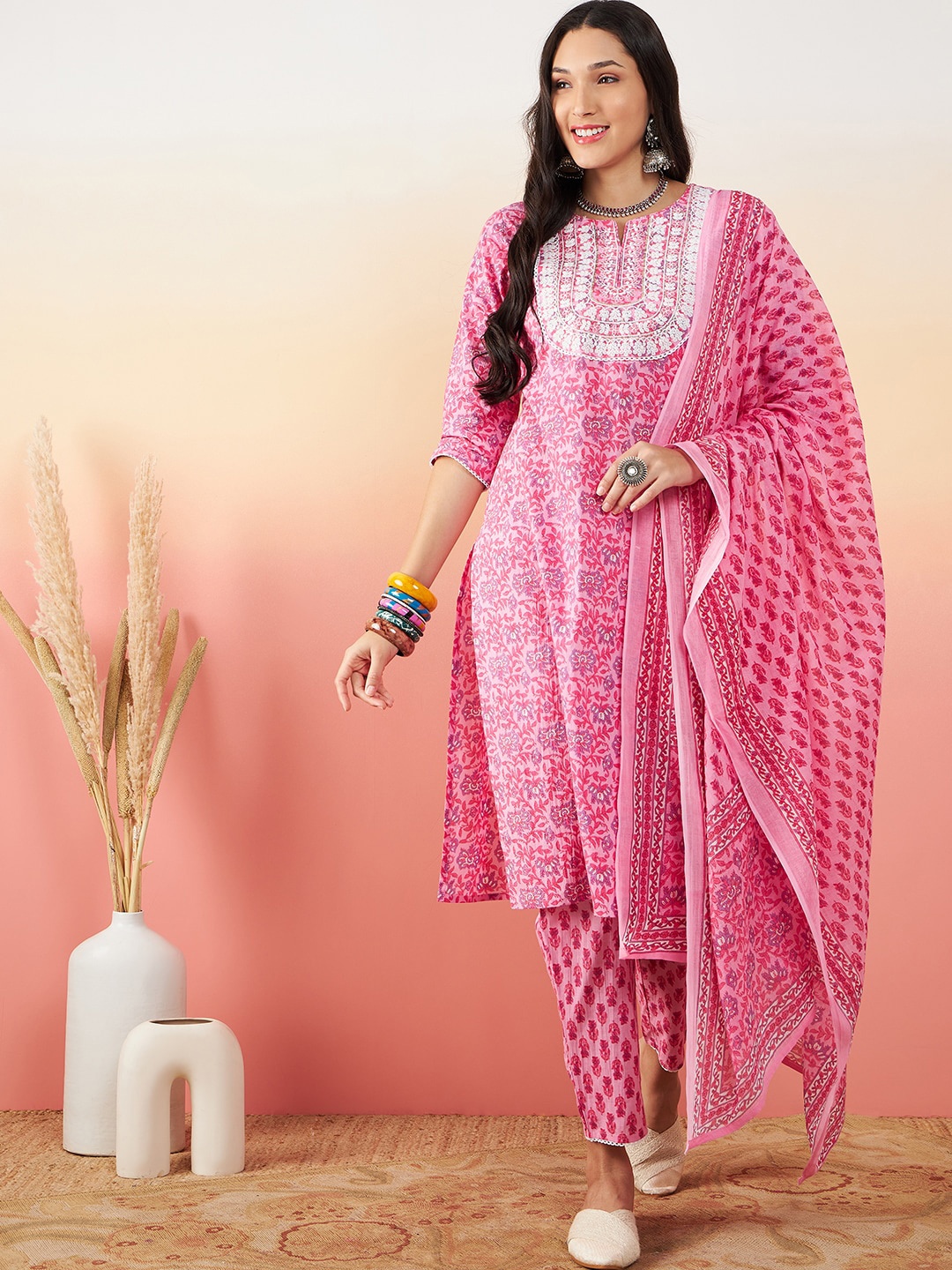 

Sangria Floral Printed Thread WorkPure Cotton Straight Kurta With Trouser & Dupatta, Pink