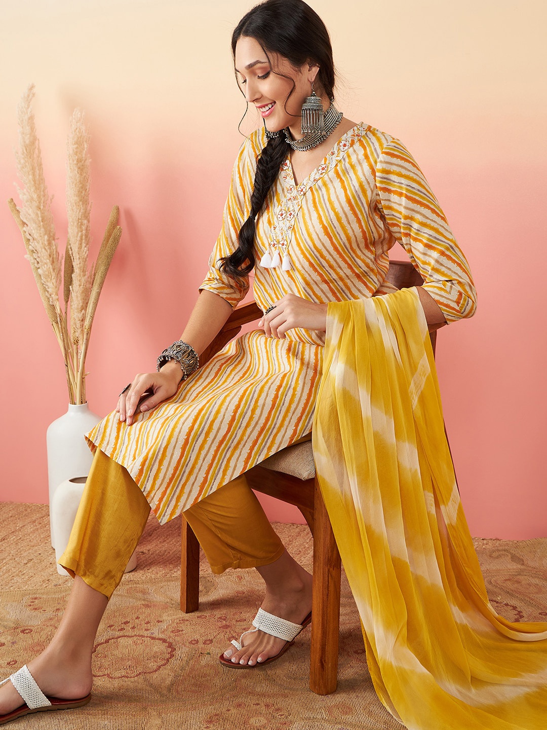 

Sangria Leheriya Printed & Embroidered Straight Pure Silk Kurta With Trouser & Dupatta, Yellow