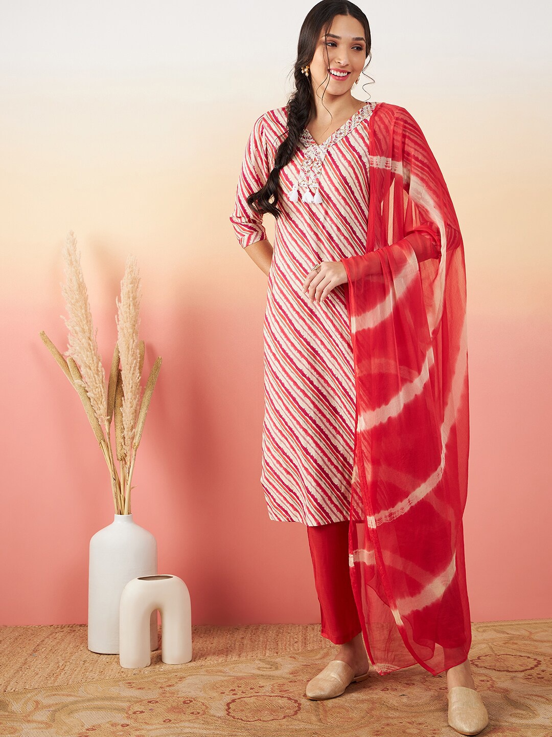 

Sangria Leheriya Printed & Embroidered Straight Pure Silk Kurta With Trouser & Dupatta, White