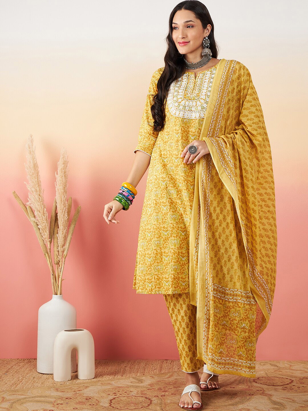 

Sangria Floral Printed & Embroidered Pure Cotton Straight Kurta With Trouser & Dupatta, Yellow