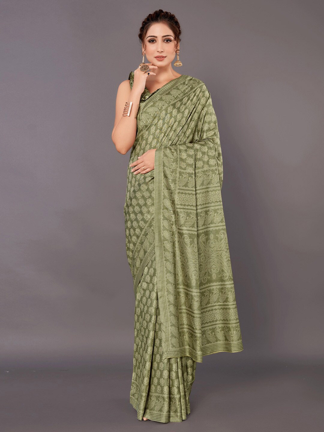 

Anouk Olive Green & Cream Bagh Printed Pure Silk Bagru Saree
