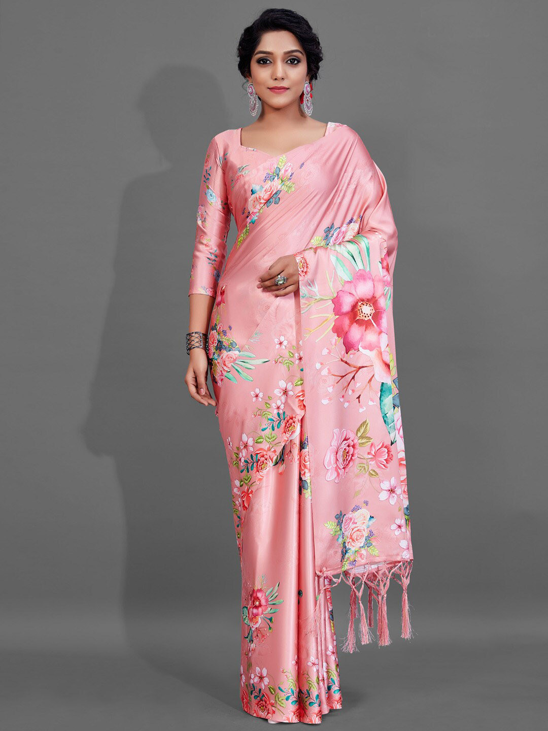 

Anouk Rustic Pink & Blue Floral Printed Pure Crepe Bagru Saree