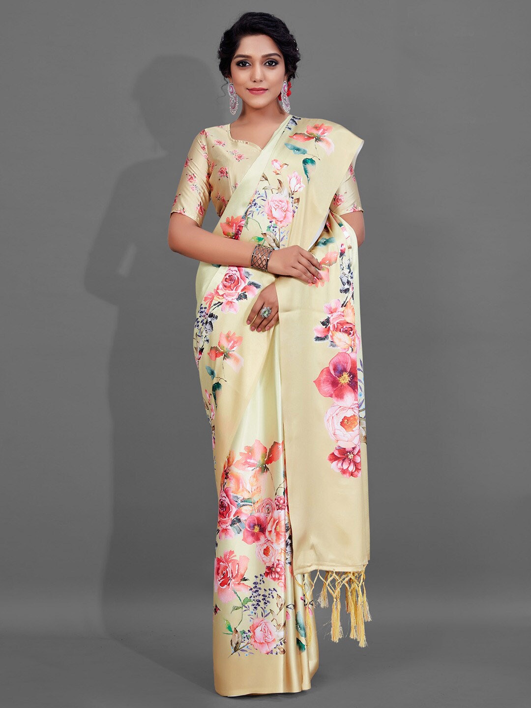 

Anouk Yellow & Pink Floral Printed Pure Crepe Bagru Saree