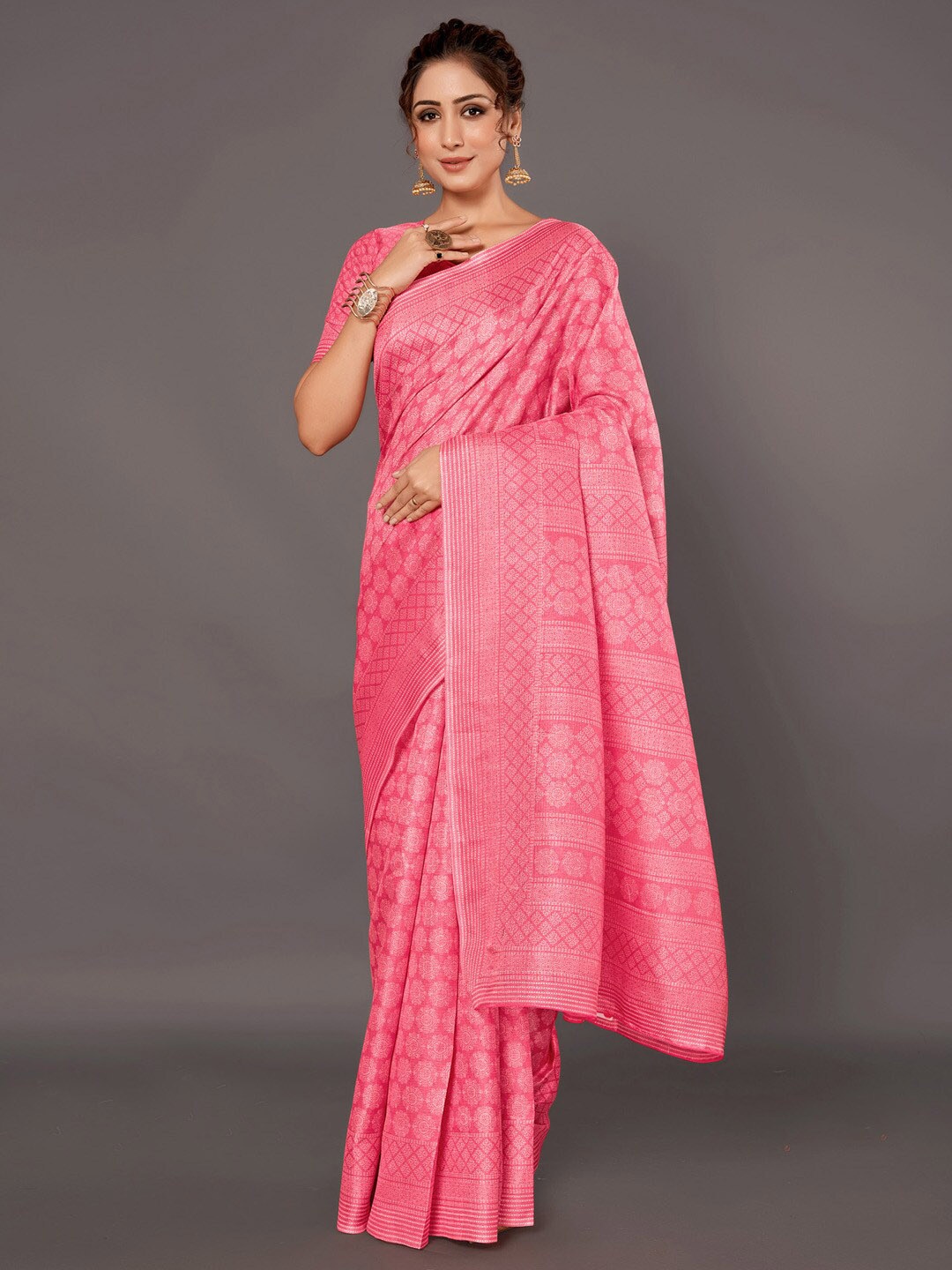 

Anouk Pink & White Bagh Printed Pure Silk Bagru Saree