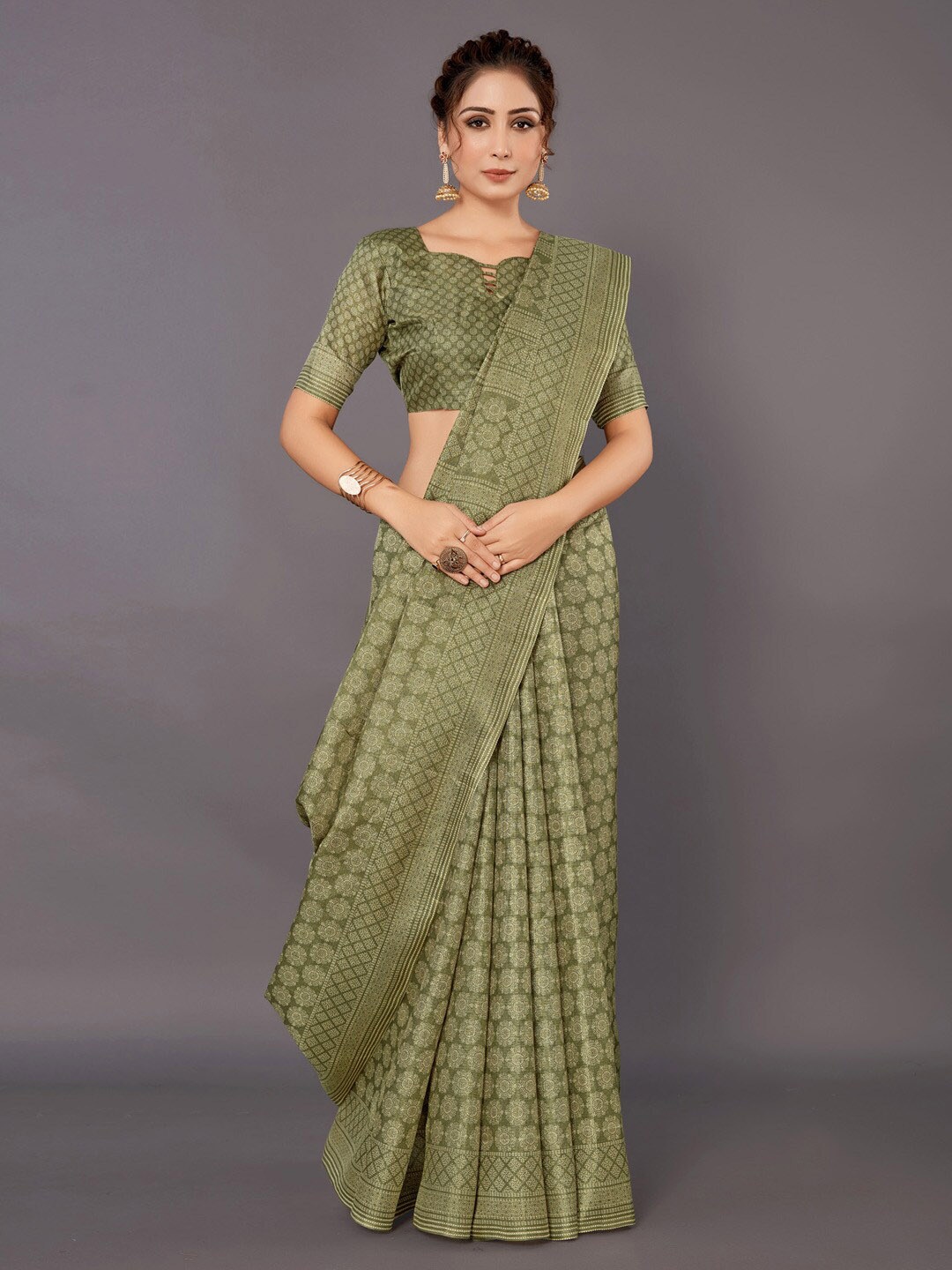 

Anouk Olive Green & Beige Bagh Printed Pure Silk Bagru Saree