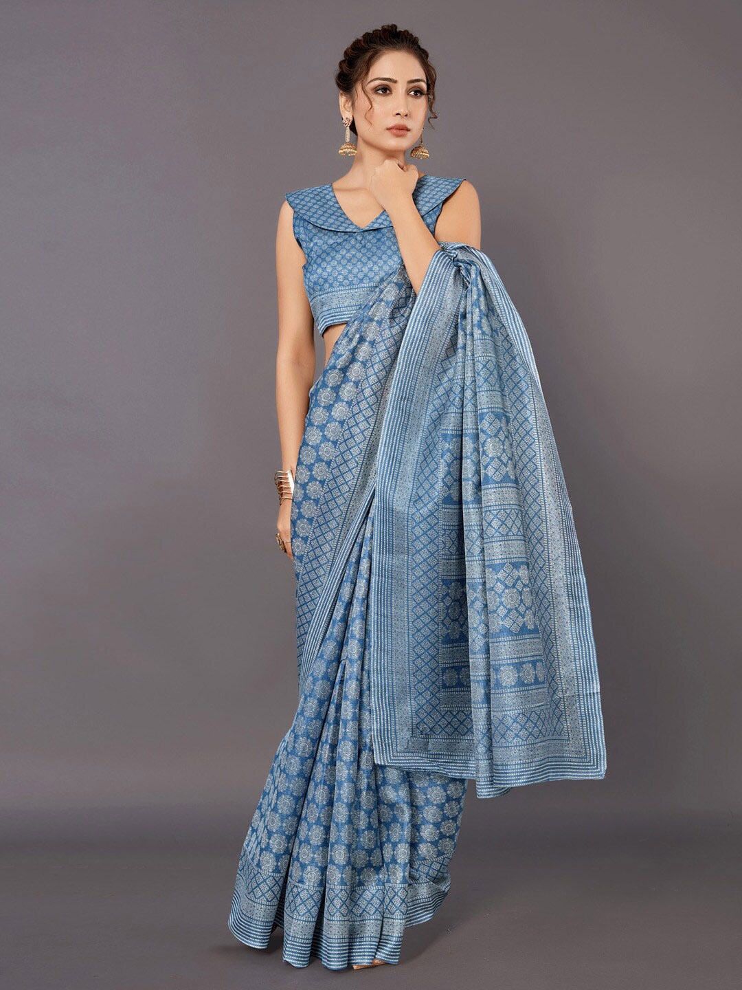 

Anouk Blue & White Bagh Printed Pure Silk Bagru Saree