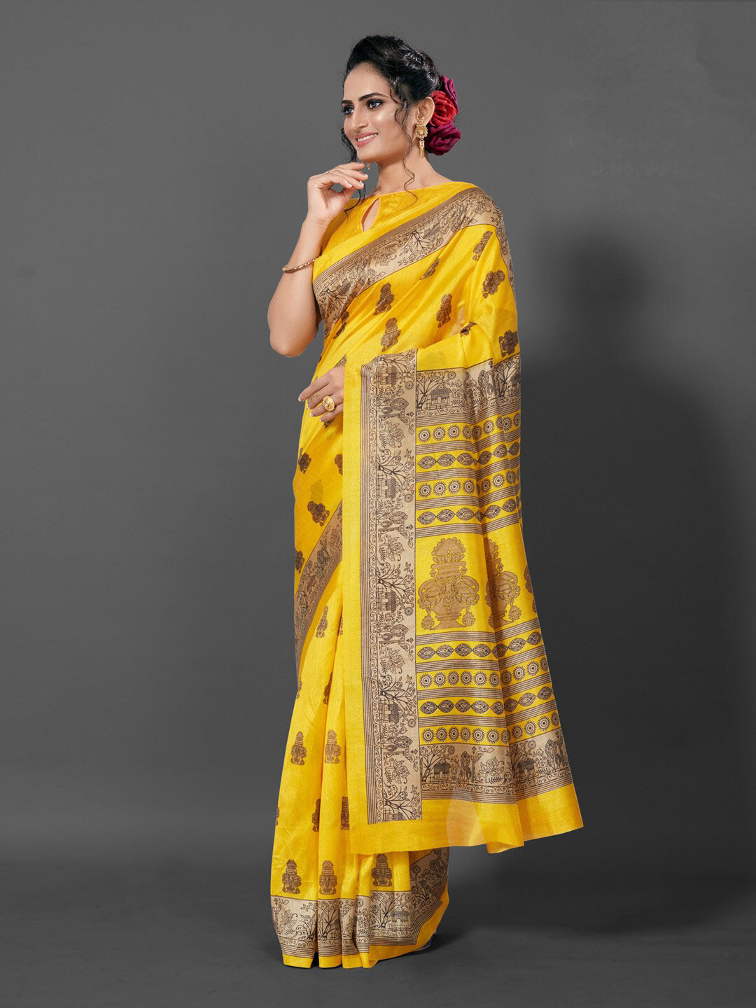 

Anouk Ethnic Motifs Printed Bagru Saree, Yellow