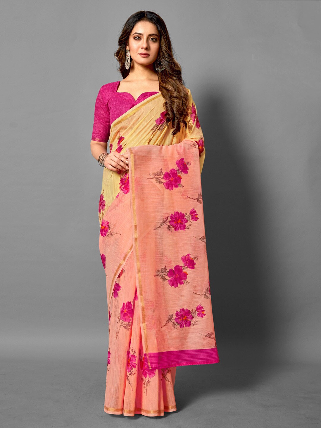 

Anouk Floral Printed Zari Bagru Saree, Yellow