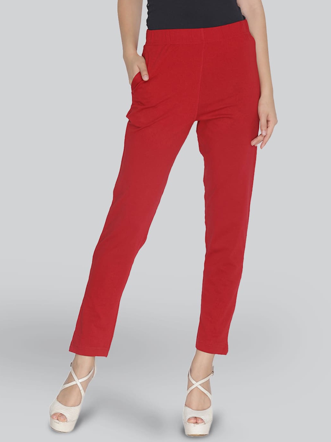 

LYRA Women Original Mid-Rise Cotton Cigarette Trousers, Red