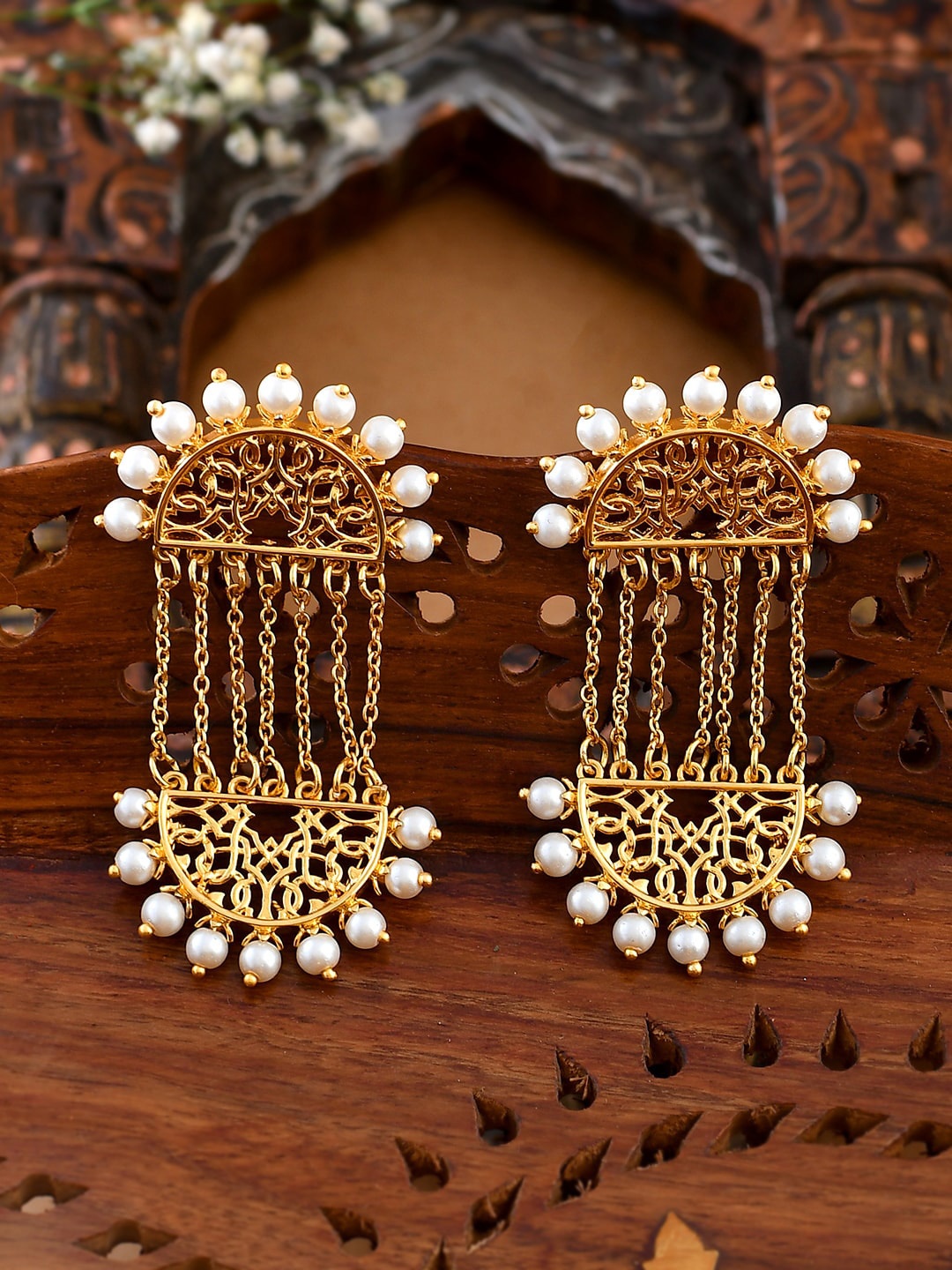 

Voylla Nazakat Raqs Gold-Plated Beaded Contemporary Drop Earrings