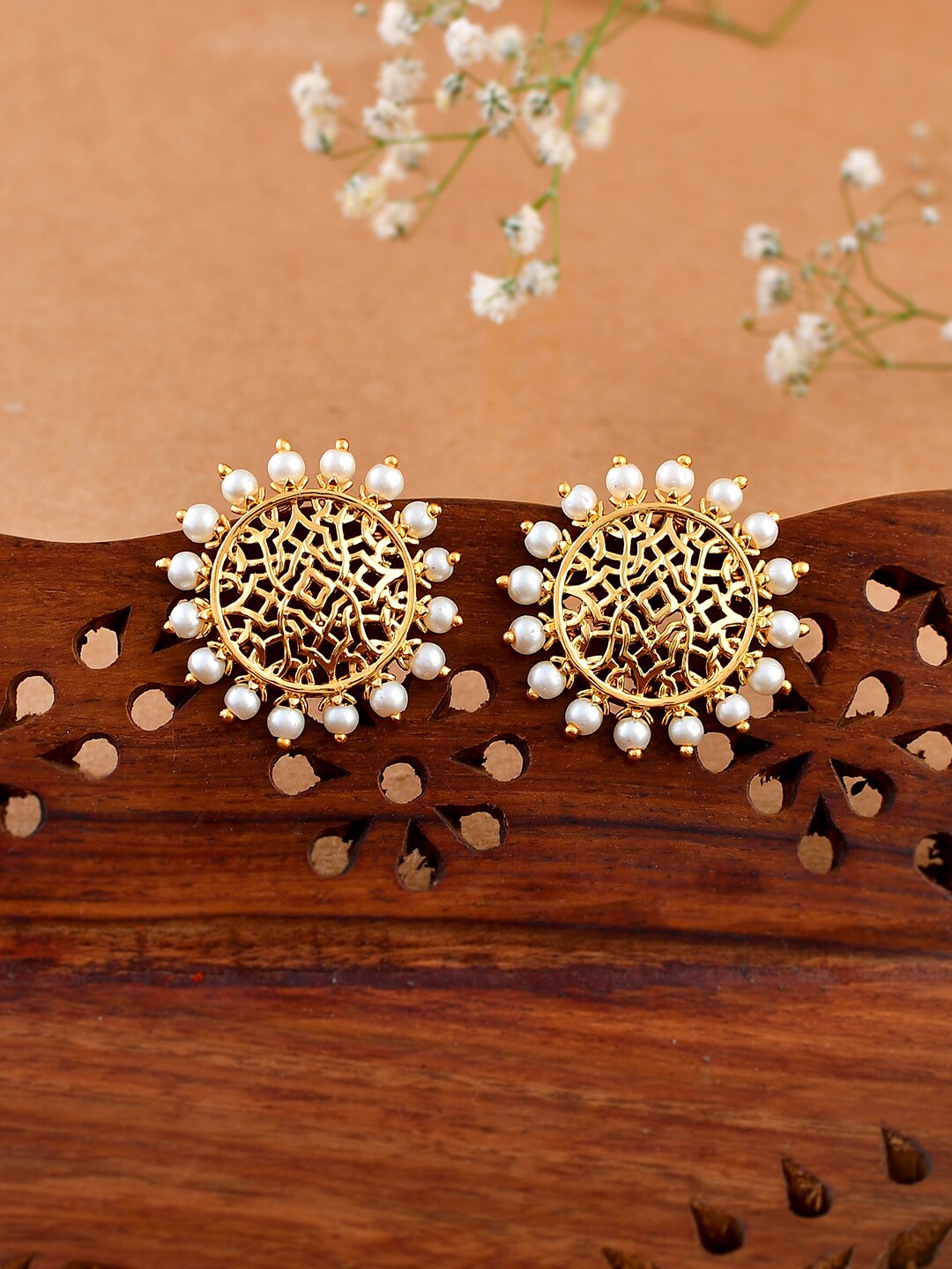 

Voylla Nazakat Gul Gold-Plated Beaded Contemporary Oversized Stud Earrings
