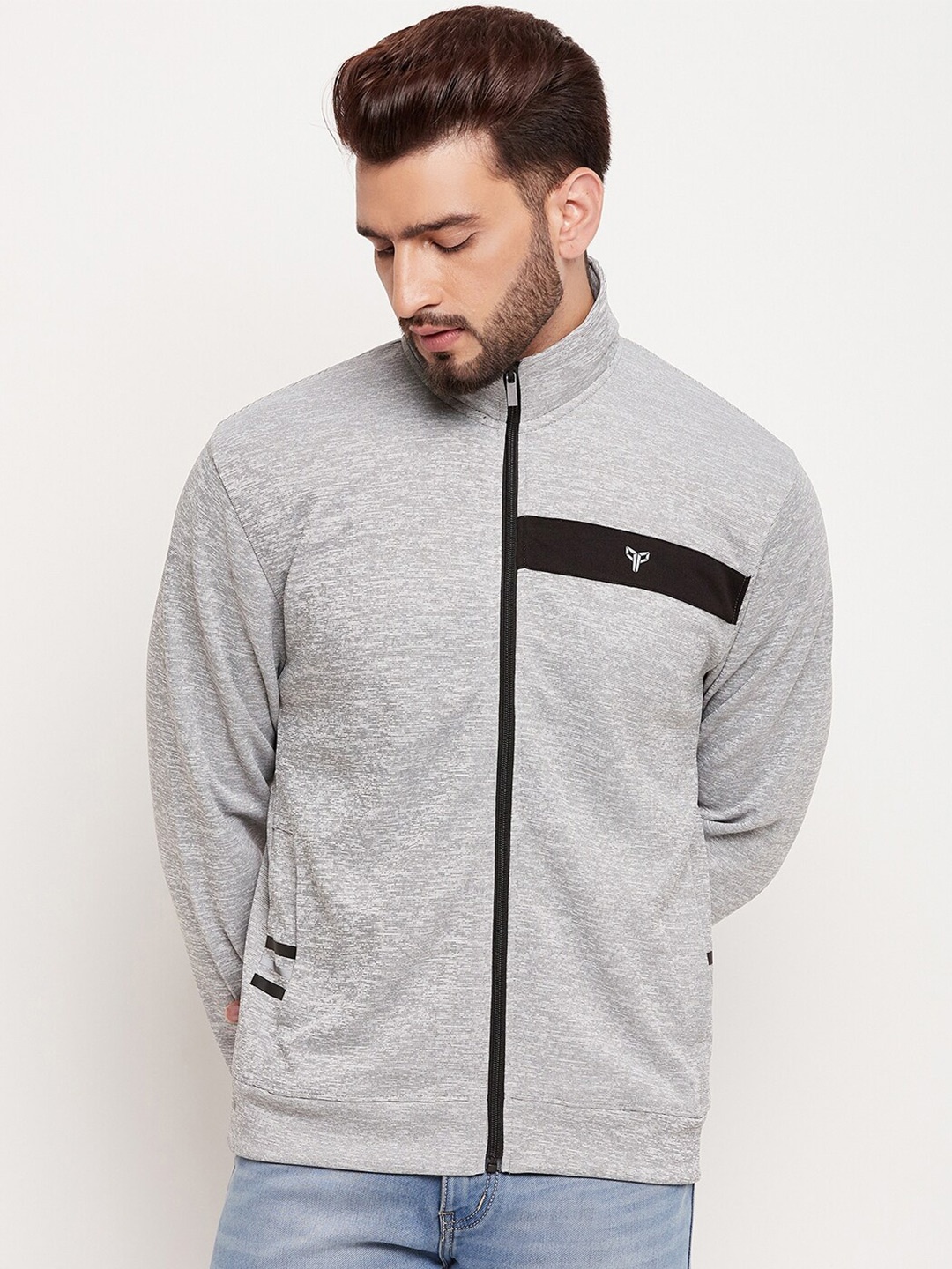 

POKER Mock Collar Front Open Sweatshirt, Grey