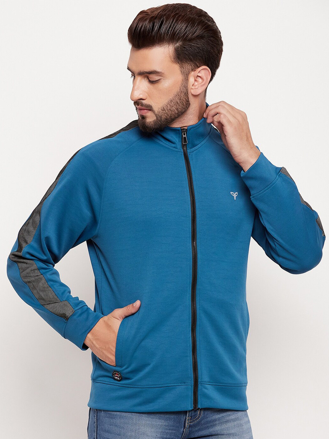 

POKER Mock Collar Front Open Sweatshirt, Blue