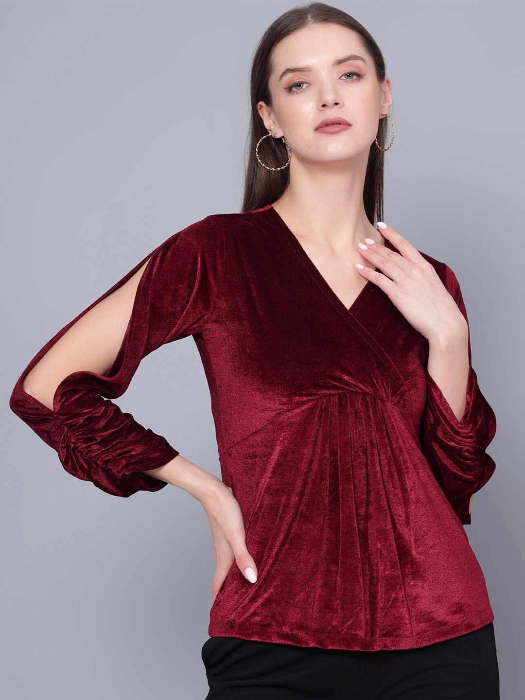 

Golden Kite Slit Sleeves Velvet Empire Top, Maroon