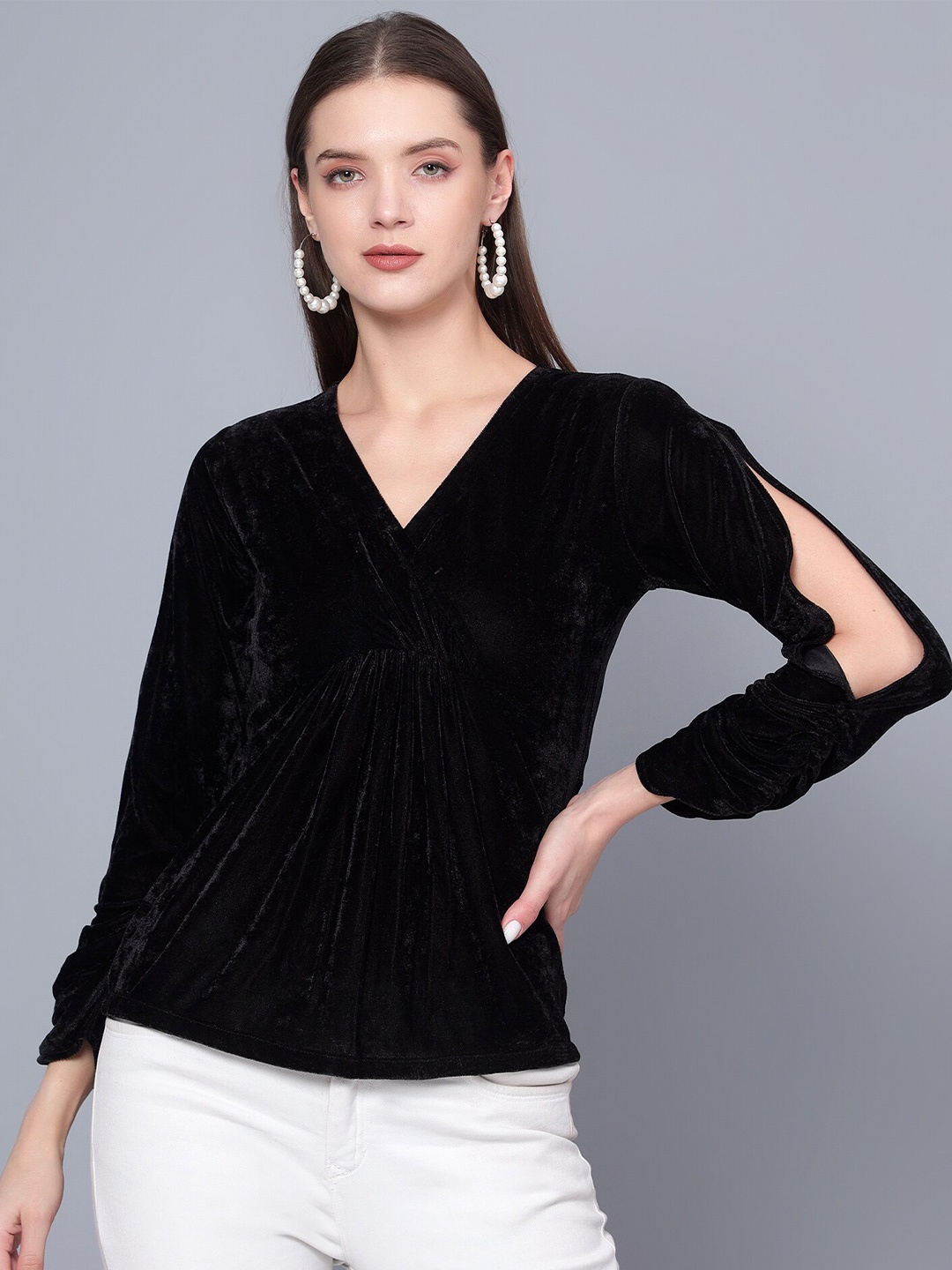 

Golden Kite Slit Sleeve V-Neck Velvet Wrap Top, Black