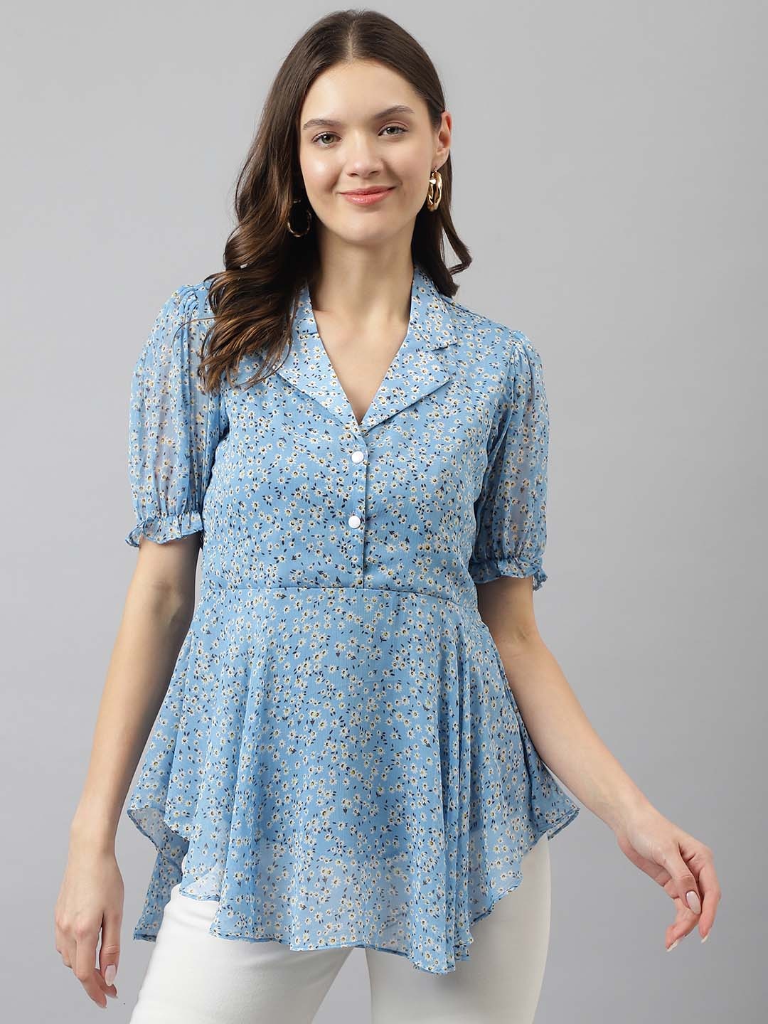 BAESD Floral Printed Georgette Shirt Style Top, Blue