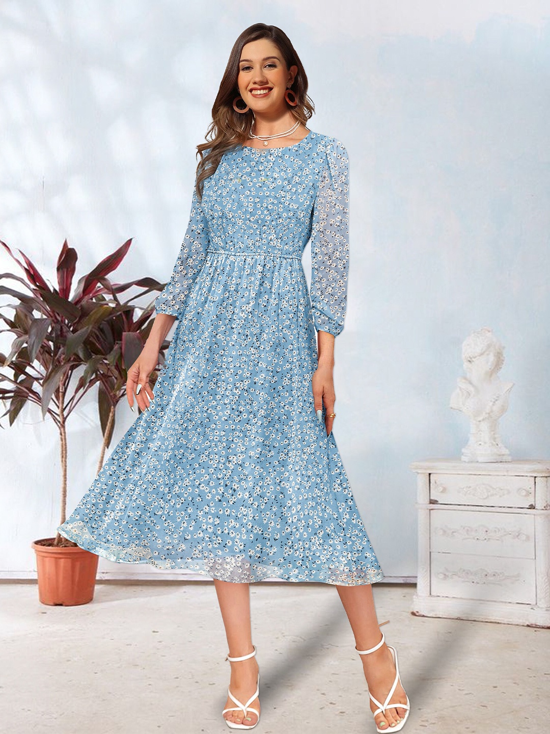 

BAESD Floral Printed Puff Sleeves Gathered Detailed Fit & Flare Midi Dress, Blue