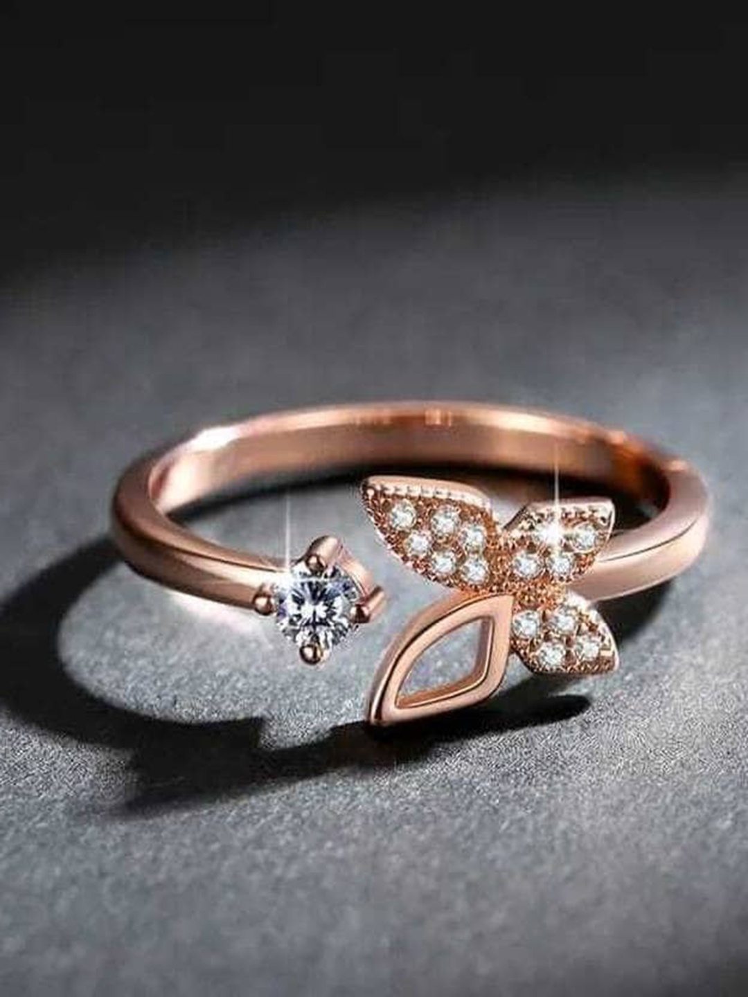 

VIEN Rose Gold-Plated CZ-Studded Butterfly Adjustable Finger Rings