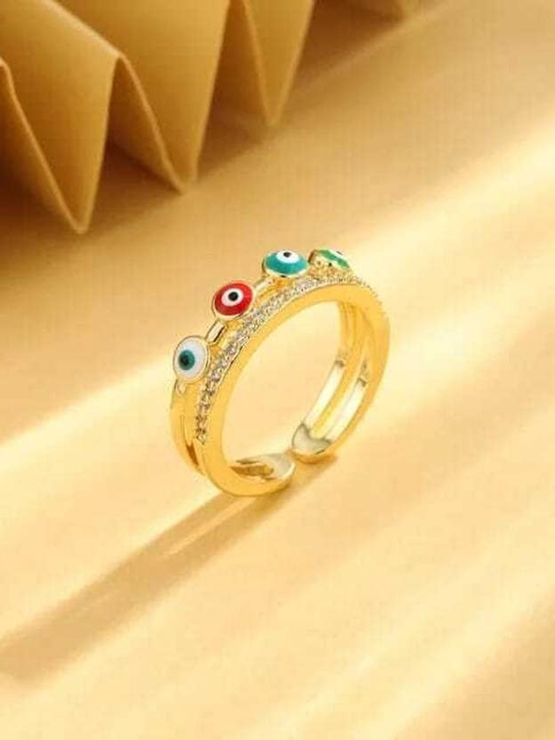 

VIEN Gold-Plated CZ-Studded Evil Eye Adjustable Finger Rings
