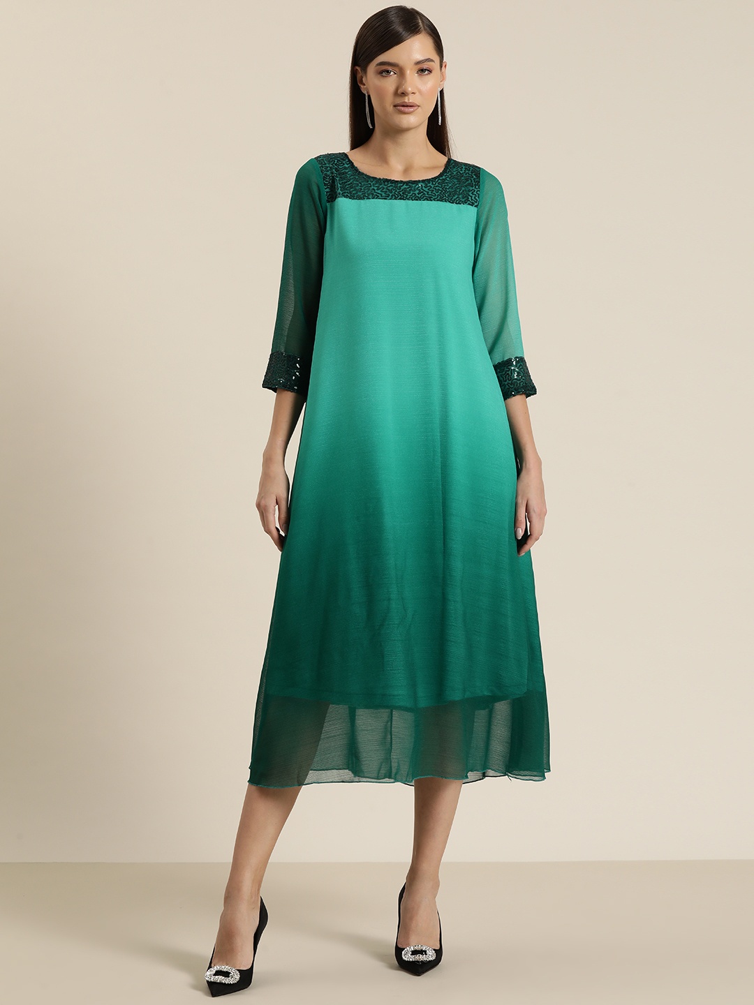 

Qurvii Ombre Sequinned Georgette A-Line Midi Dress, Green