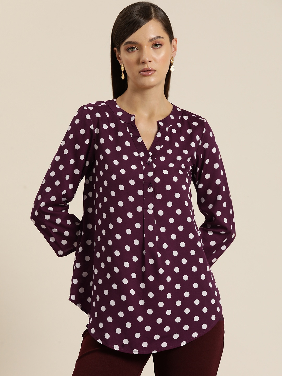 

Qurvii Women Comfort Polka Dot Printed Casual Shirt, Burgundy