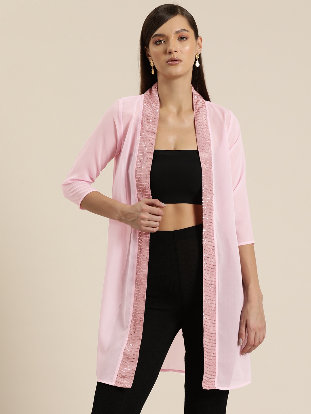 

Qurvii Women Embellished Longline Shrug, Pink