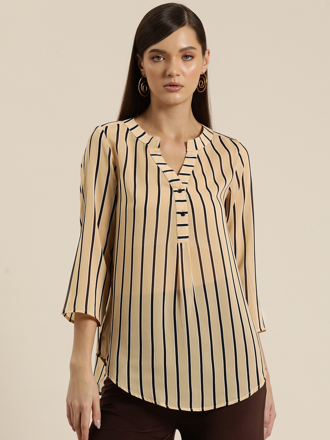 

Qurvii Women Comfort Opaque Striped Casual Shirt, Beige