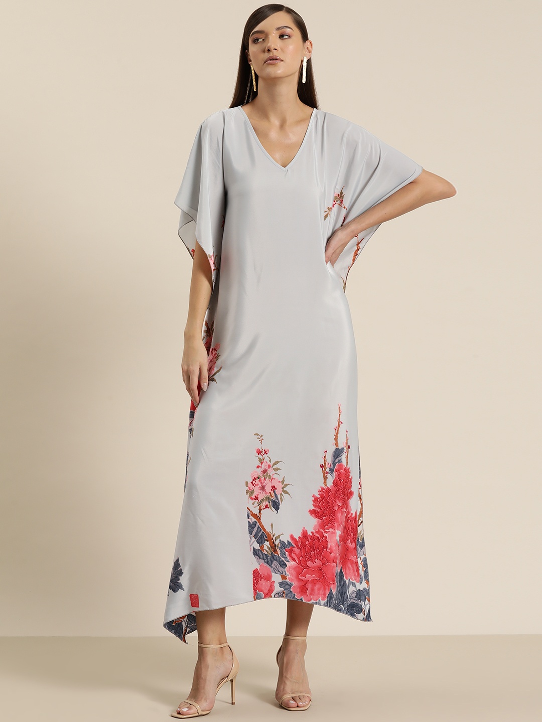 

Qurvii Floral Print Kimono Sleeve Kaftan Silk Midi Dress, Grey