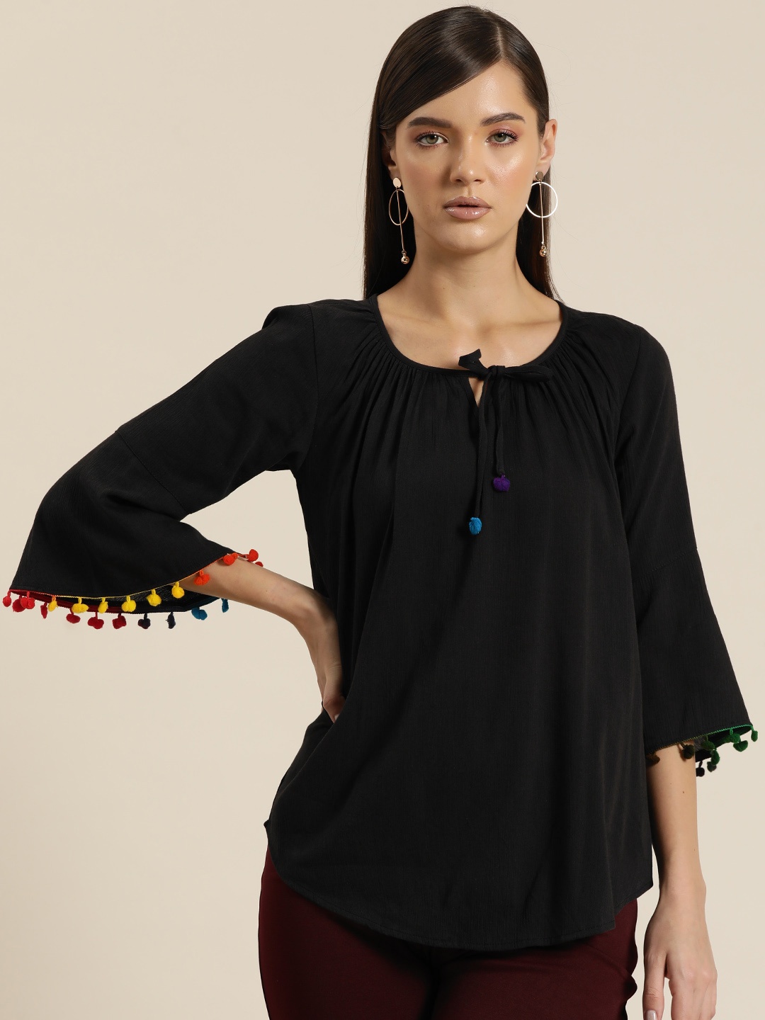 

Qurvii Tie-Up Neck Flared Sleeves Longline Top, Black