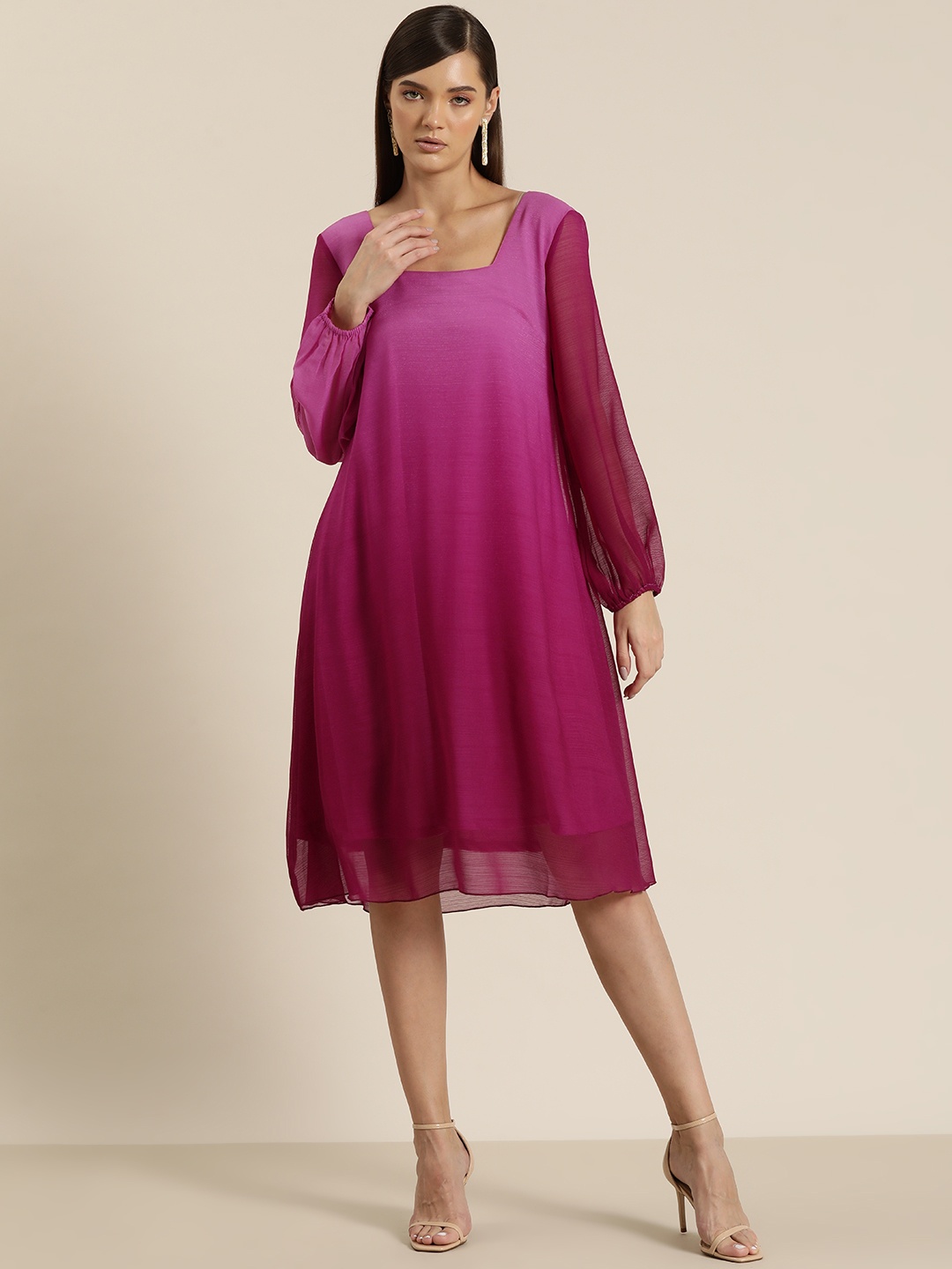 

Qurvii Dyed Puff Sleeve Georgette A-Line Dress, Purple