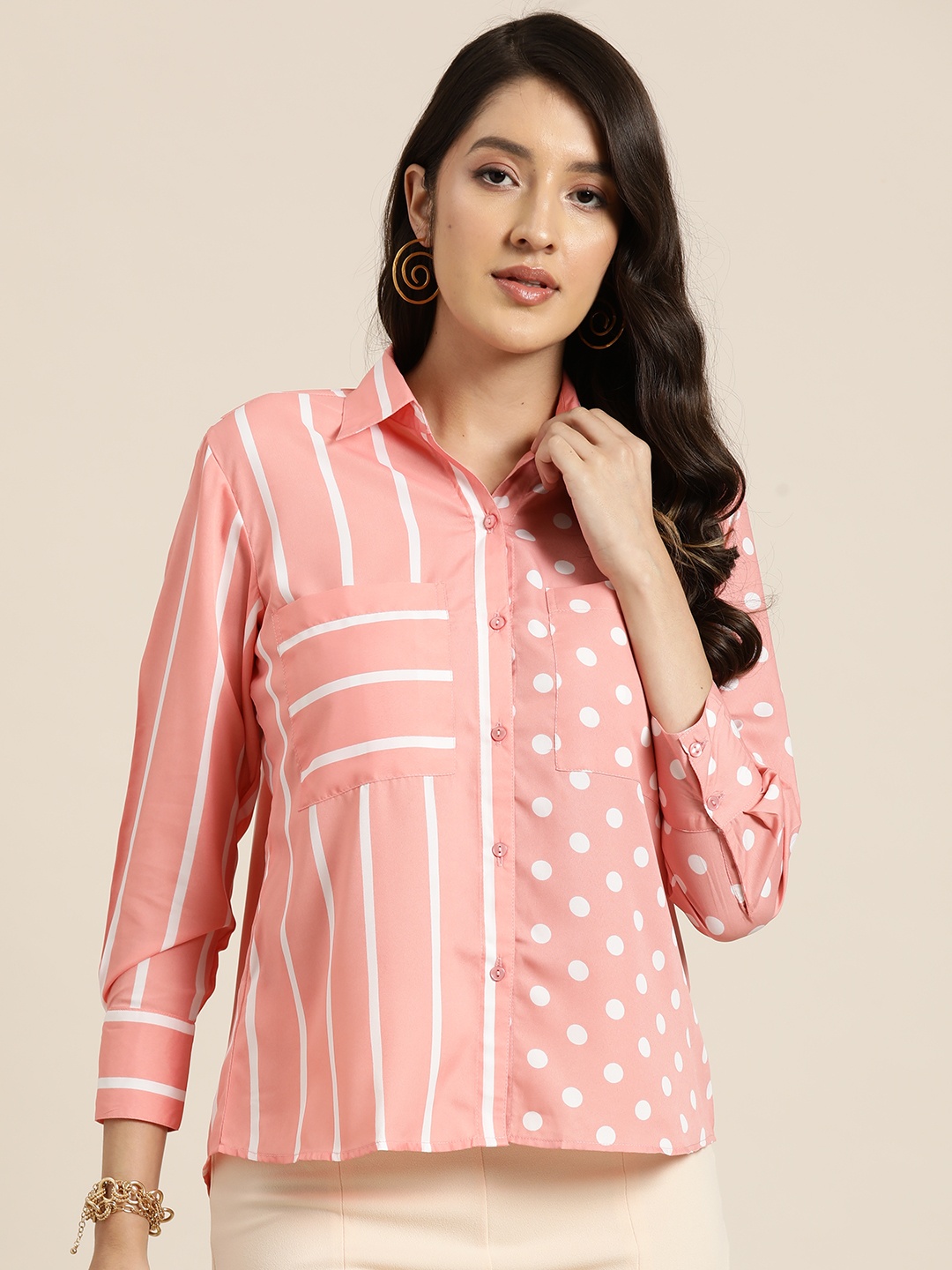 

Qurvii Women Comfort Polka Dot Printed Casual Shirt, Pink