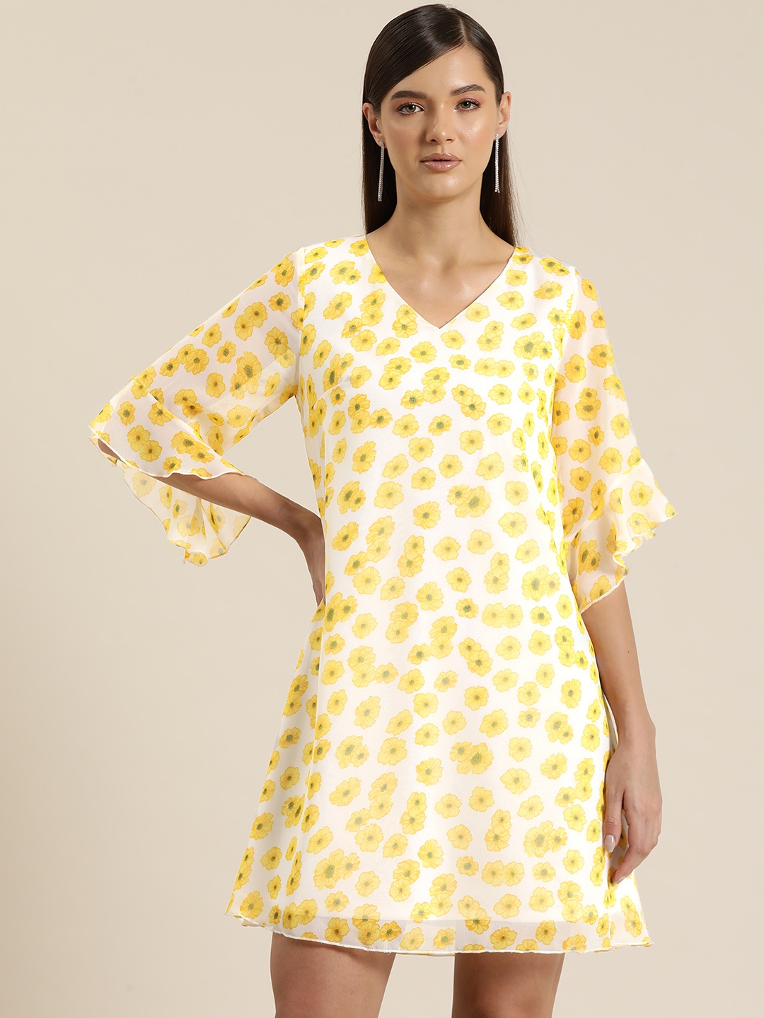 

Qurvii Floral Print Flared Sleeves A-Line Mini Dress, Yellow