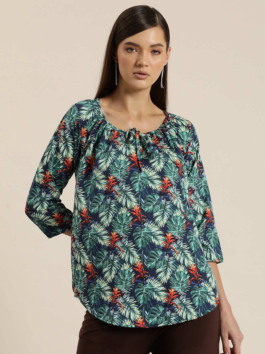 

Qurvii Floral Print Tie-Up Neck Crepe Shirt Style Longline Top, Multi