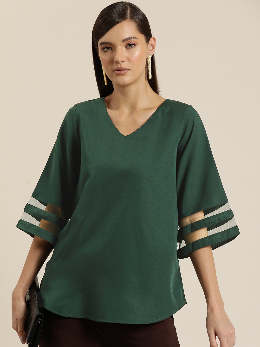 

Qurvii Flared Sleeves Crepe Top, Green