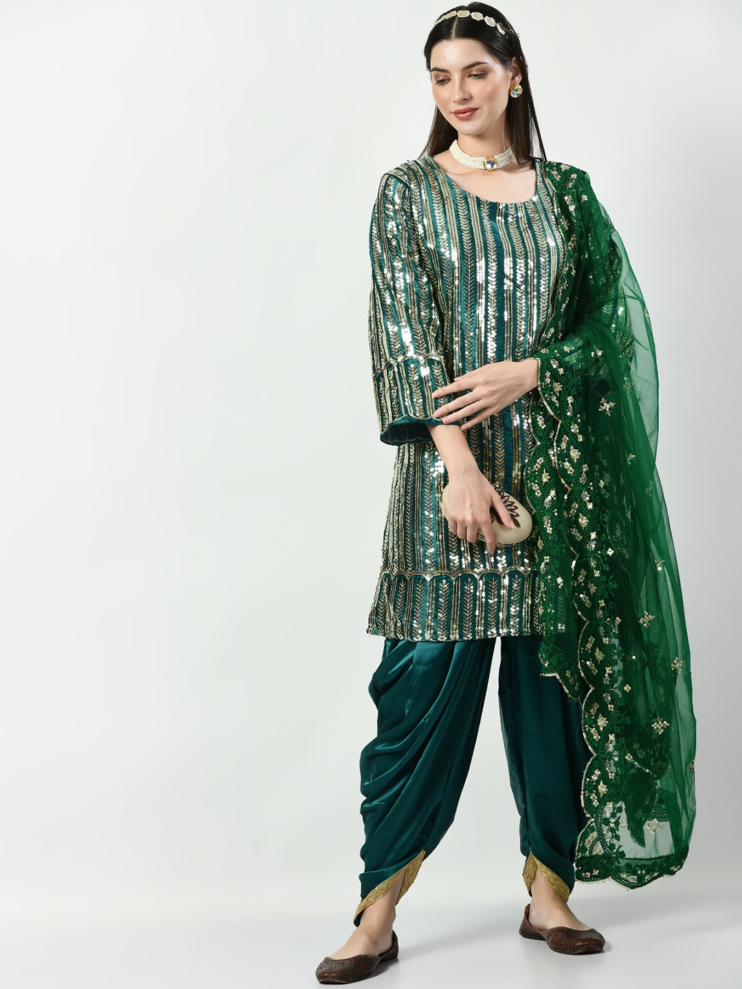 

Angroop Striped Embroidered Sequined Grandeur & Majestic Work Kurta & Sharara With Dupatta, Teal