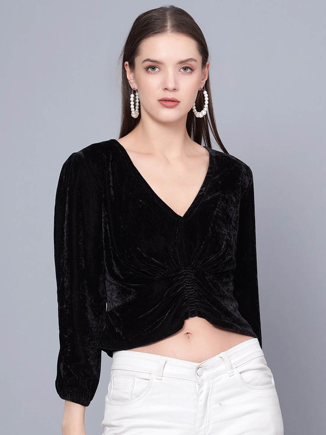 

Golden Kite V-Neck Puff Sleeve Gathered Velvet Crop Cinched Waist Top, Black