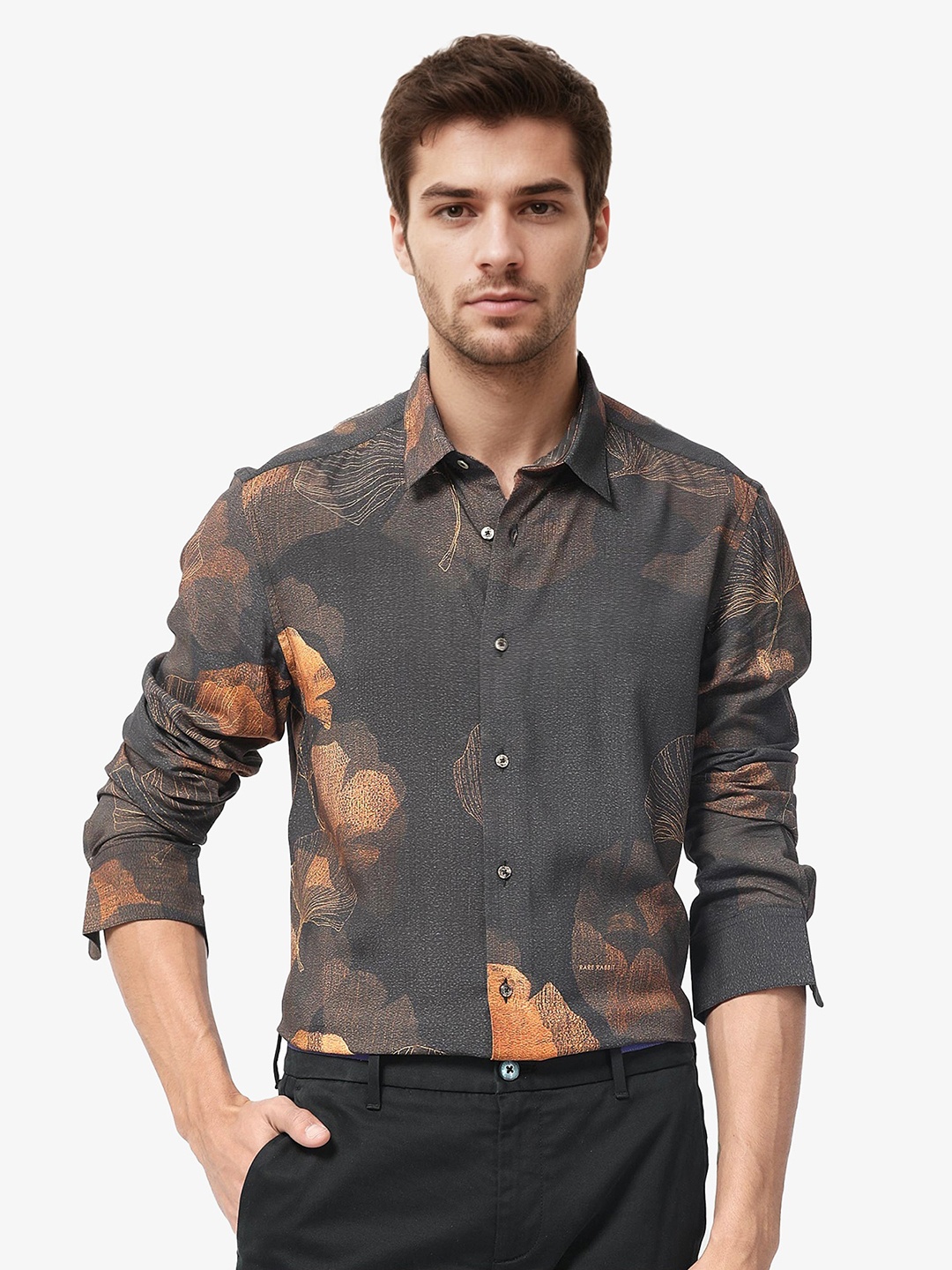 

RARE RABBIT Men Bourbon Slim Fit Floral Printed Shirt, Black