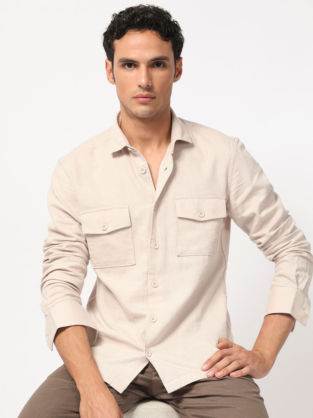 

RARE RABBIT Men Lang Slim Fit Cotton Shirt, Beige