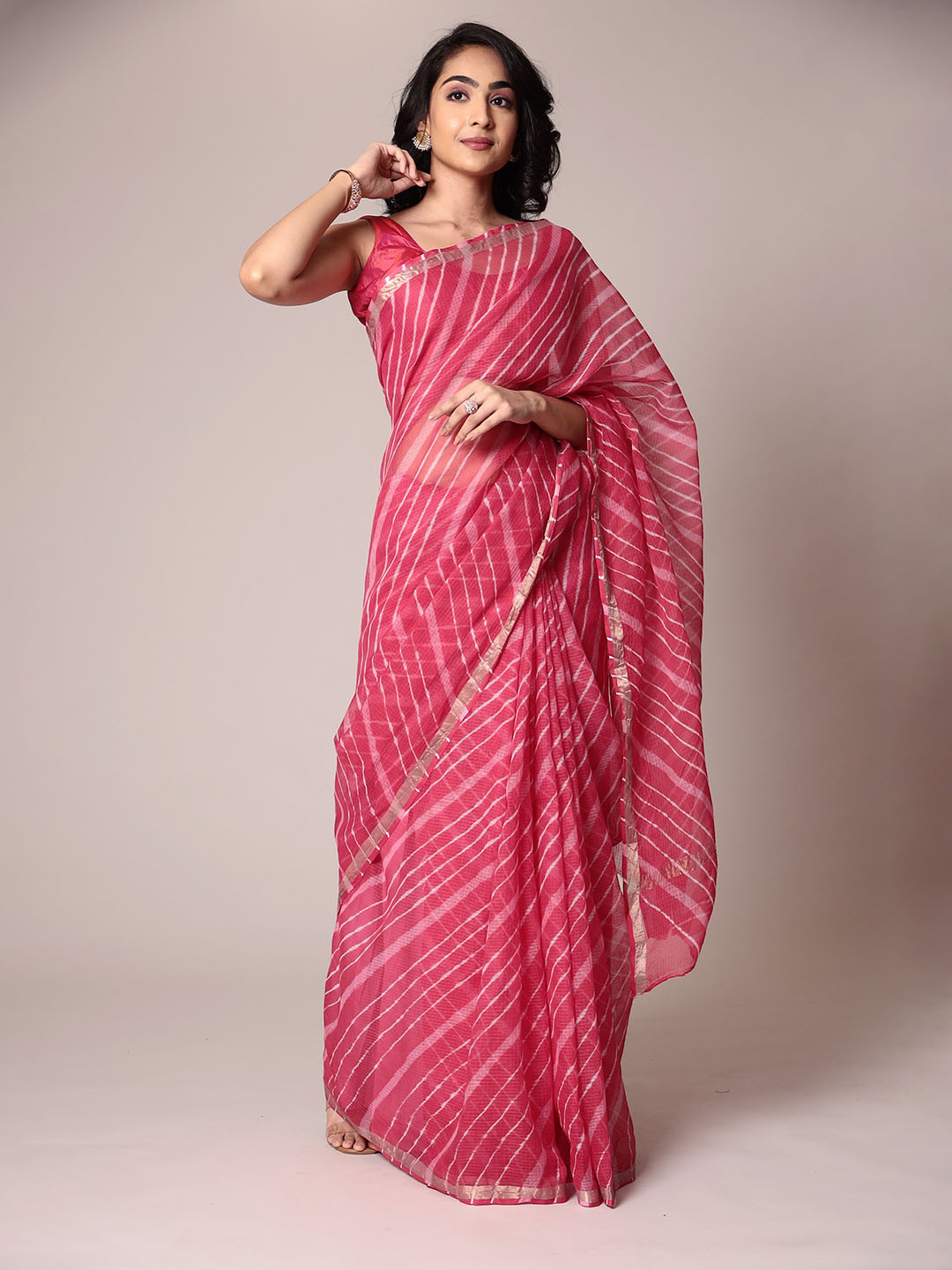 

ZARI Printed Zari Leheriya Saree, Pink