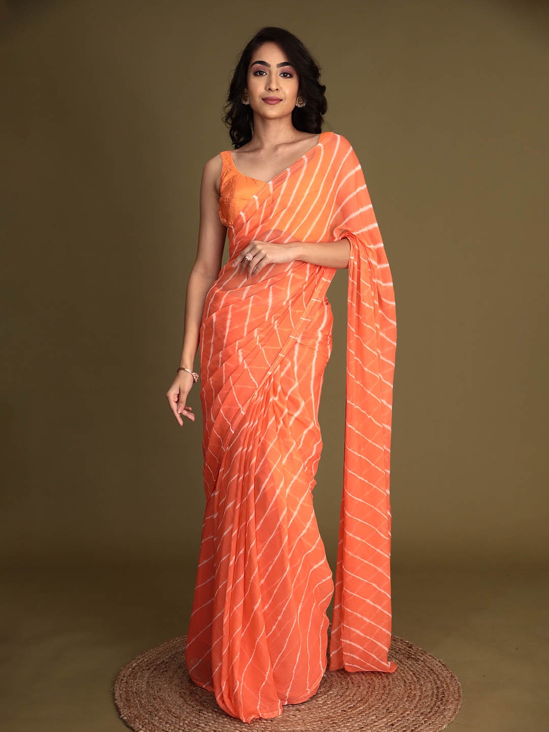 

ZARI Printed Leheriya Saree, Orange
