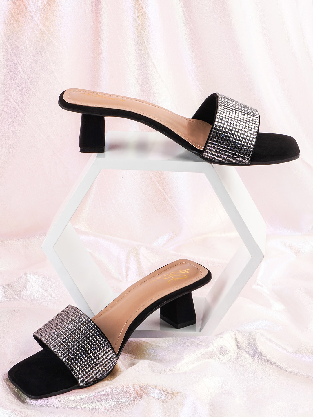 

THE WHITE POLE Embellished Open Toe Block Heels, Black