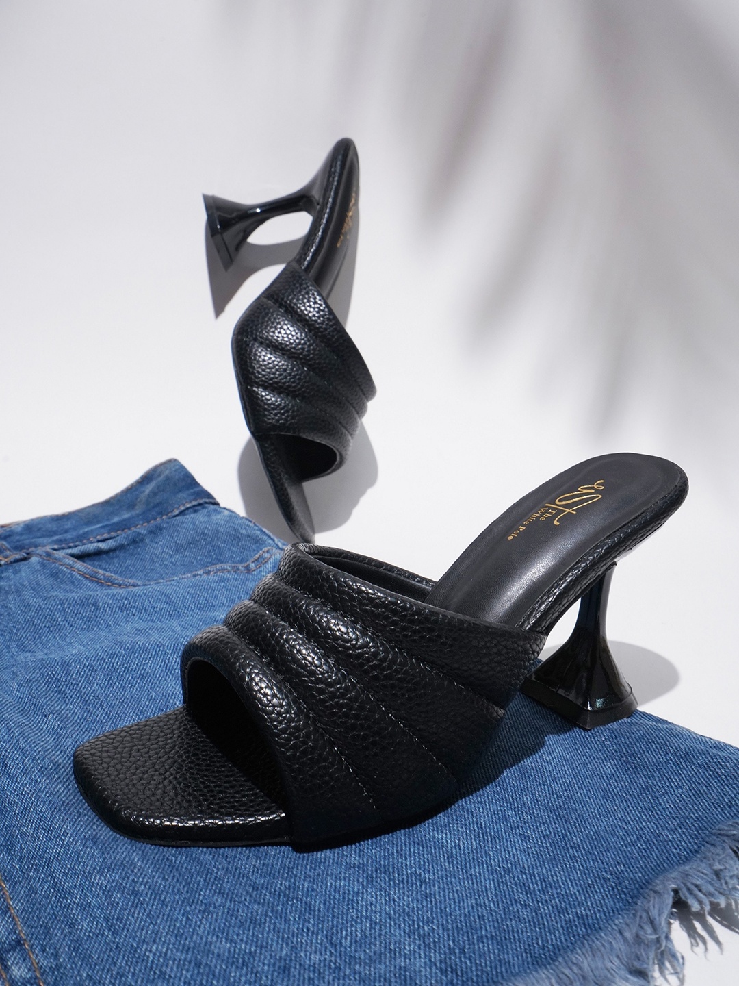 

THE WHITE POLE Textured Open Toe Block Heels, Black
