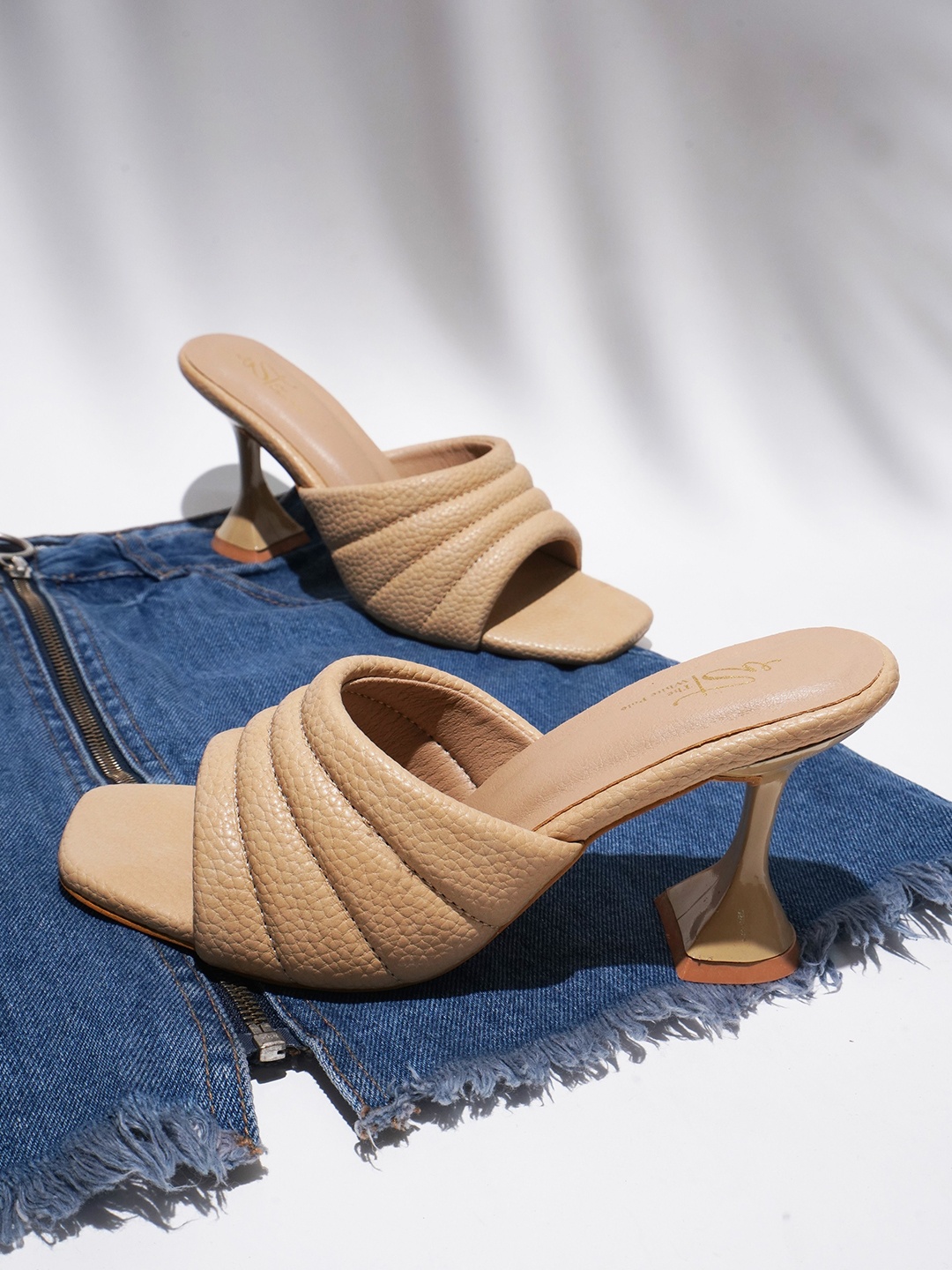 

THE WHITE POLE Textured Open Toe Block Heels, Beige